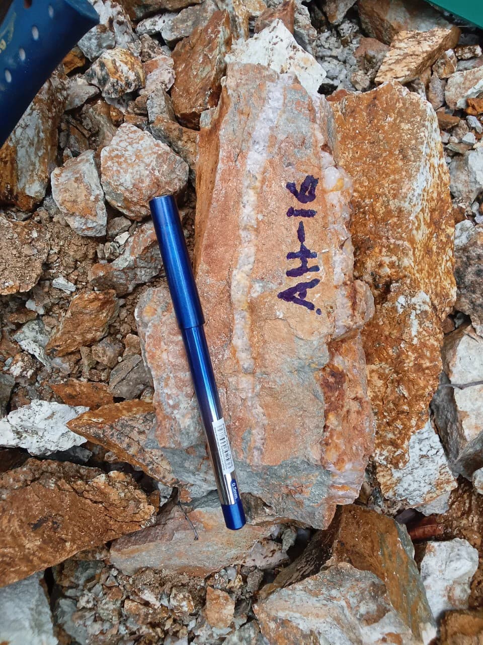 Marked geological rock sample beside a pen for scale